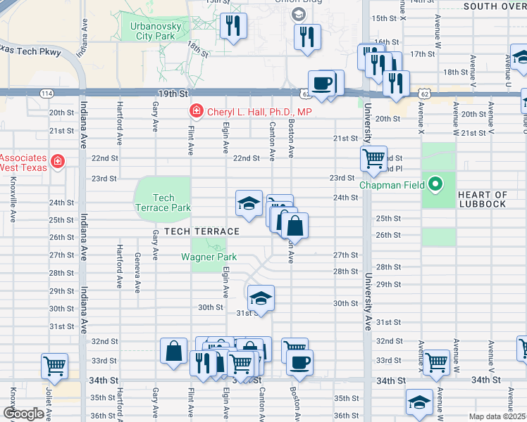 map of restaurants, bars, coffee shops, grocery stores, and more near 2806 25th Street in Lubbock