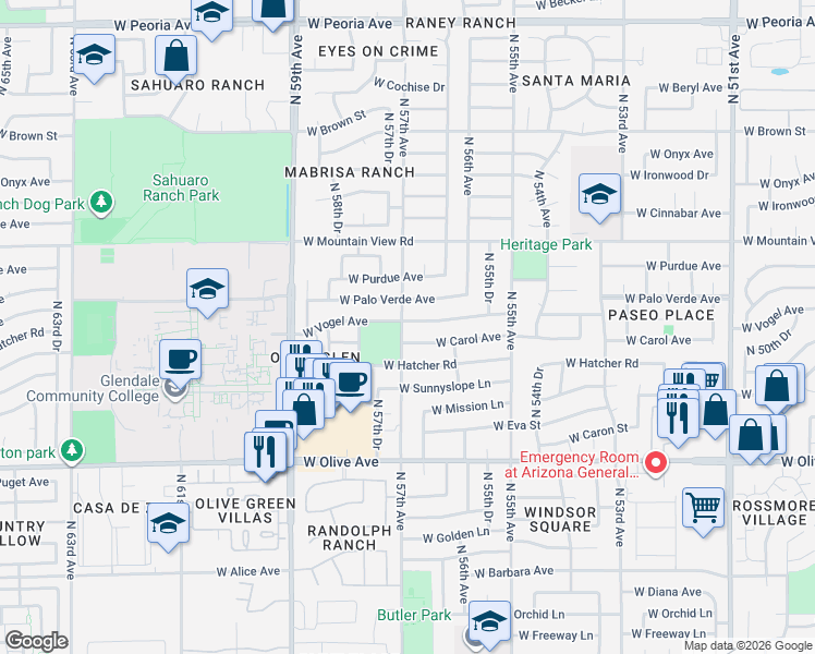 map of restaurants, bars, coffee shops, grocery stores, and more near 5642 West Carol Avenue in Glendale