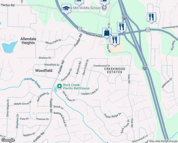 map of restaurants, bars, coffee shops, grocery stores, and more near 3199 Creekwood Drive in Rex