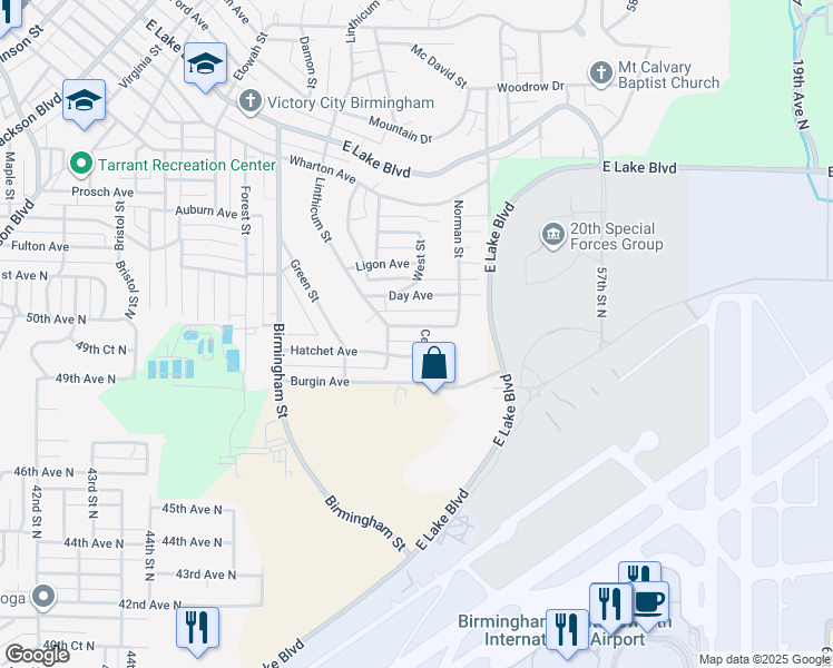 map of restaurants, bars, coffee shops, grocery stores, and more near 1824 Hatchet Avenue in Birmingham