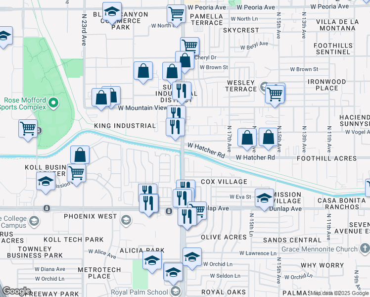 map of restaurants, bars, coffee shops, grocery stores, and more near 1750 West Hatcher Road in Phoenix