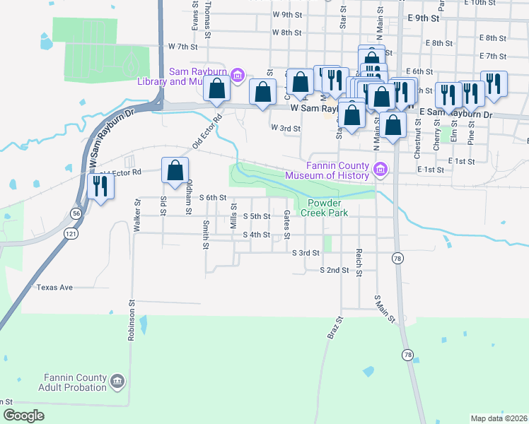 map of restaurants, bars, coffee shops, grocery stores, and more near 411 Morgan Street in Bonham