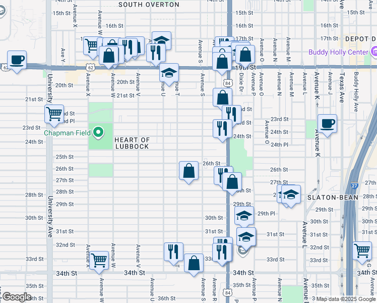 map of restaurants, bars, coffee shops, grocery stores, and more near 1918 26th Street in Lubbock