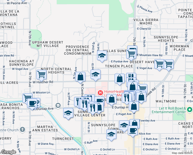 map of restaurants, bars, coffee shops, grocery stores, and more near 204 East Hatcher Road in Phoenix