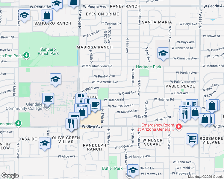 map of restaurants, bars, coffee shops, grocery stores, and more near 5642 West Carol Avenue in Glendale