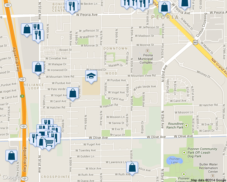 map of restaurants, bars, coffee shops, grocery stores, and more near 8605 West Vogel Avenue in Peoria