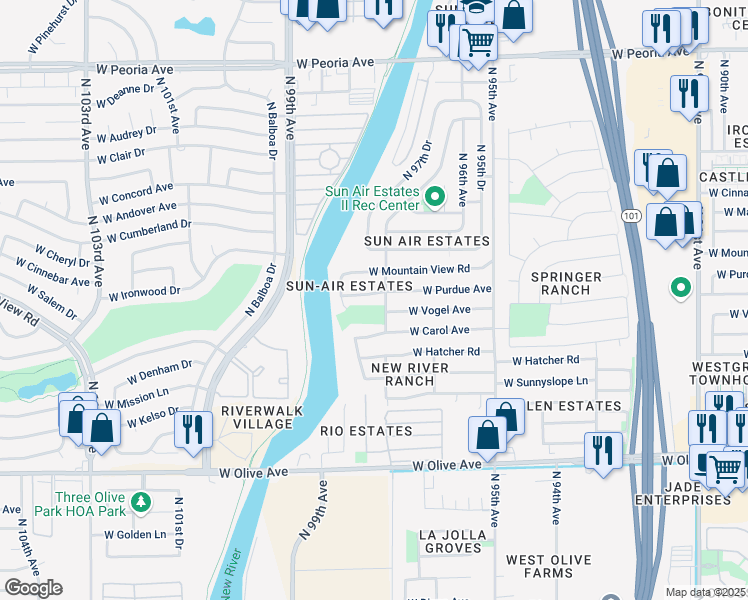 map of restaurants, bars, coffee shops, grocery stores, and more near 9600 North 97th Avenue in Peoria