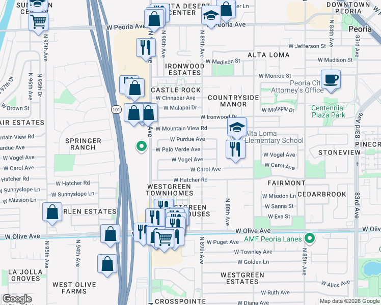map of restaurants, bars, coffee shops, grocery stores, and more near 8902 West Vogel Avenue in Peoria