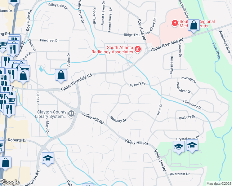 map of restaurants, bars, coffee shops, grocery stores, and more near 214 Heathrow Drive in Riverdale