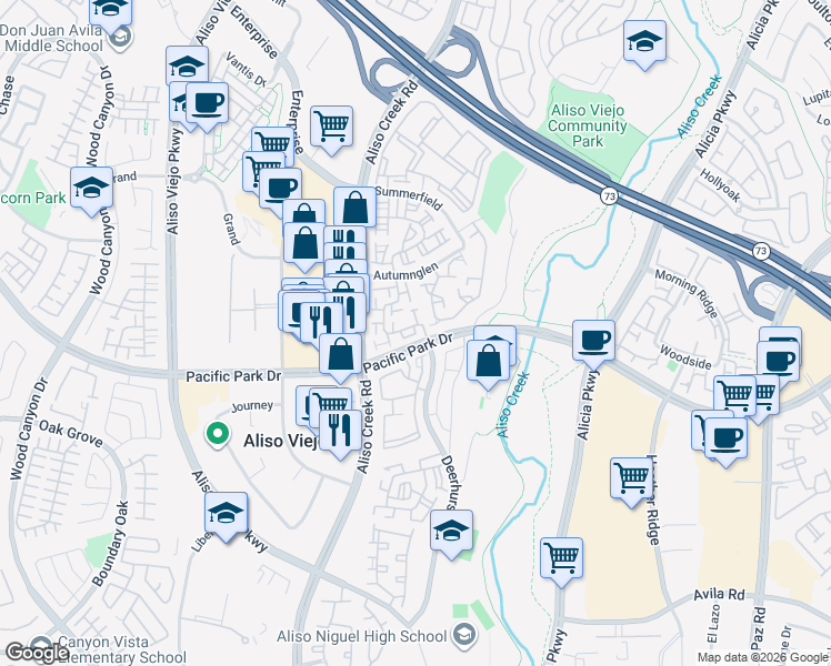 map of restaurants, bars, coffee shops, grocery stores, and more near Opera Lane in Aliso Viejo