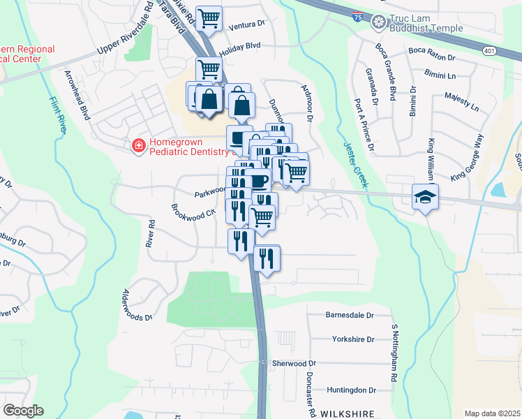 map of restaurants, bars, coffee shops, grocery stores, and more near 6692 Tara Boulevard in Jonesboro