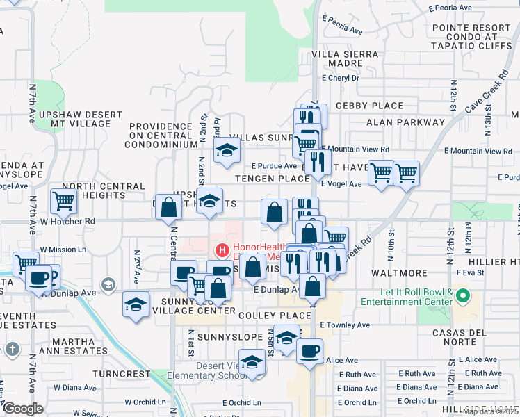 map of restaurants, bars, coffee shops, grocery stores, and more near 334 East Hatcher Road in Phoenix