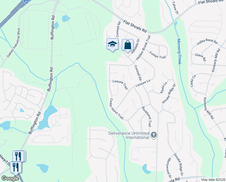 map of restaurants, bars, coffee shops, grocery stores, and more near 6440 Cedar Hurst Trail in Atlanta