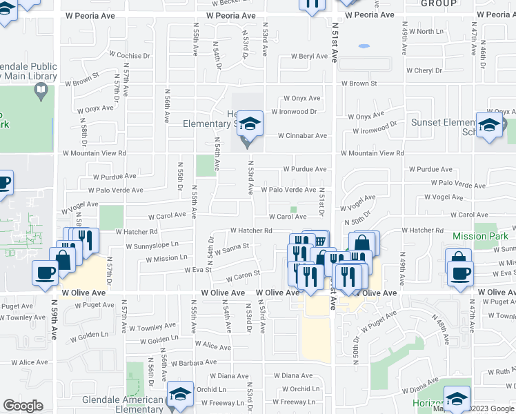 map of restaurants, bars, coffee shops, grocery stores, and more near 5249 West Carol Avenue in Glendale