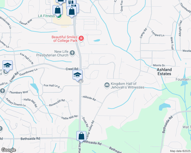 map of restaurants, bars, coffee shops, grocery stores, and more near 6742 Mancha Street in Atlanta