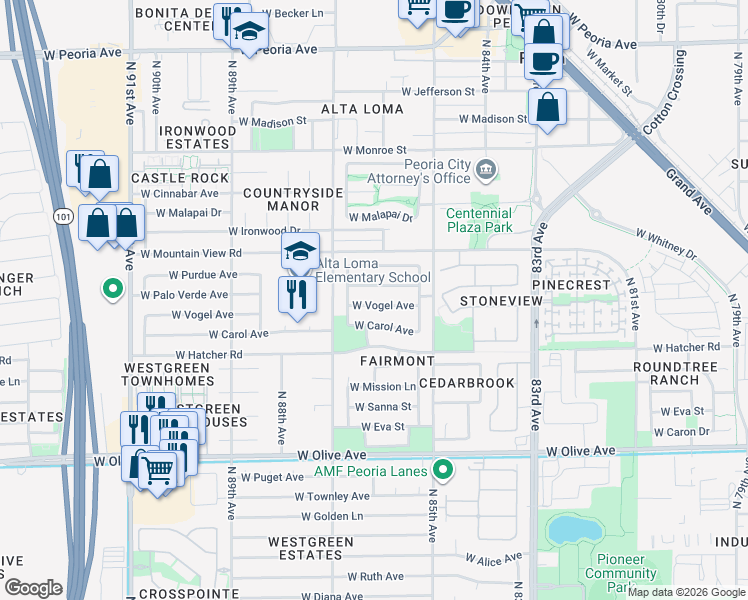 map of restaurants, bars, coffee shops, grocery stores, and more near 8605 West Vogel Avenue in Peoria