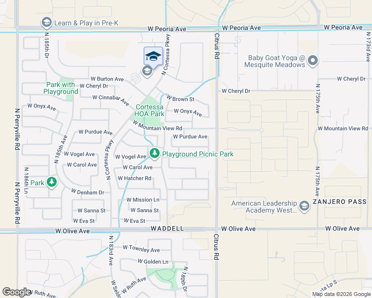 map of restaurants, bars, coffee shops, grocery stores, and more near 18021 West Palo Verde Avenue in Waddell
