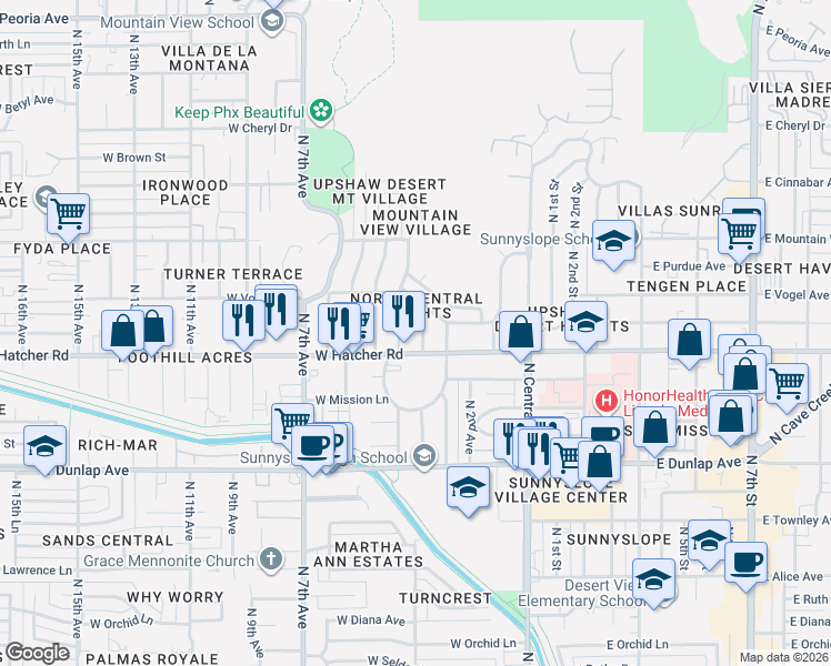 map of restaurants, bars, coffee shops, grocery stores, and more near 328 West Hatcher Road in Phoenix
