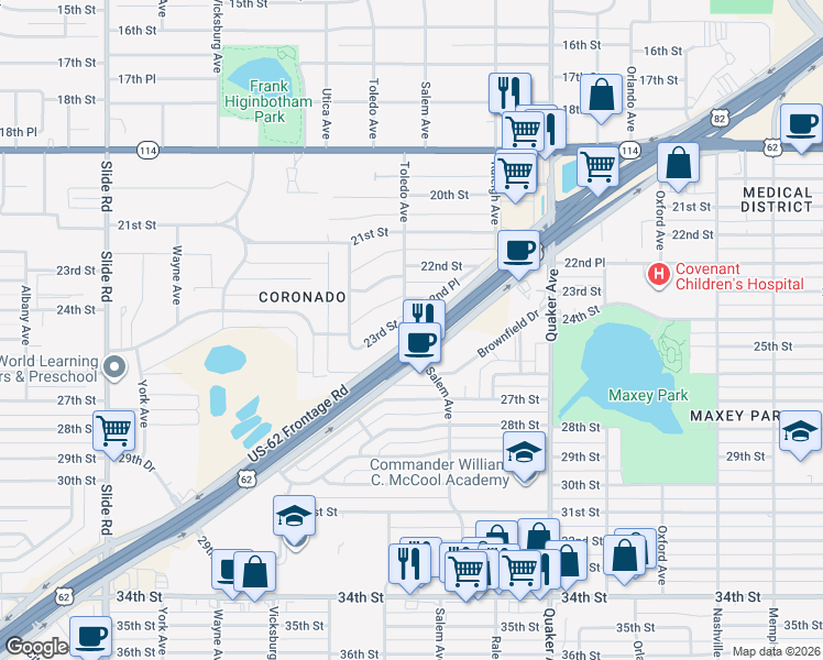 map of restaurants, bars, coffee shops, grocery stores, and more near Marsha Sharp Freeway in Lubbock