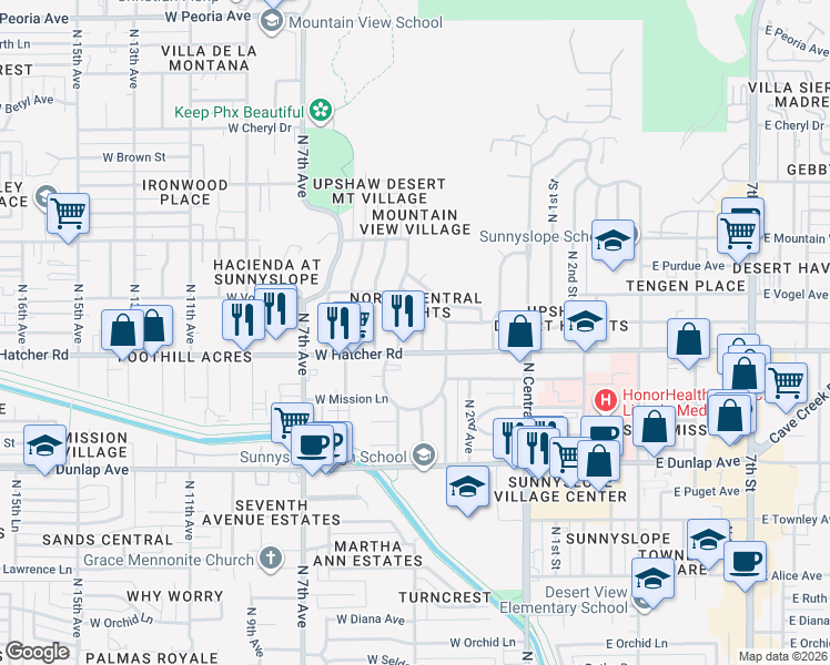 map of restaurants, bars, coffee shops, grocery stores, and more near 328 West Hatcher Road in Phoenix
