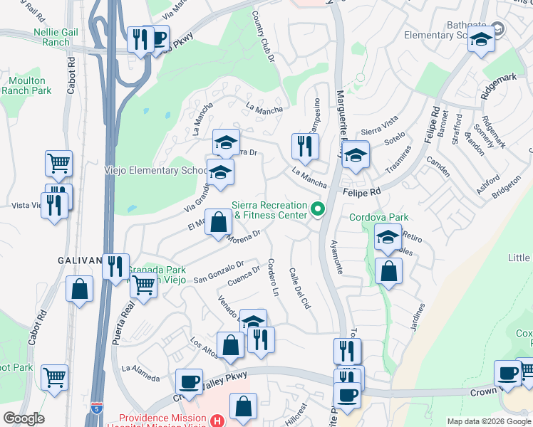 map of restaurants, bars, coffee shops, grocery stores, and more near 26872 La Sierra Drive in Mission Viejo