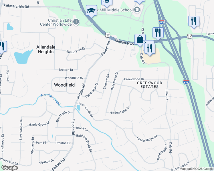 map of restaurants, bars, coffee shops, grocery stores, and more near 6686 Bedford Road in Rex