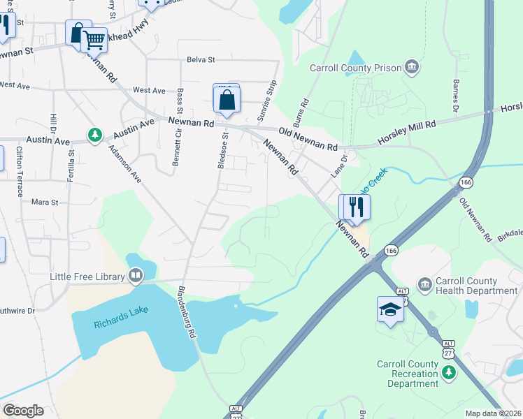 map of restaurants, bars, coffee shops, grocery stores, and more near 105 Lane Drive in Carrollton