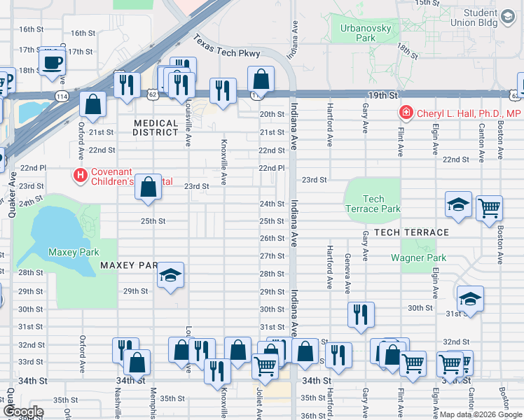map of restaurants, bars, coffee shops, grocery stores, and more near 3506 25th Street in Lubbock