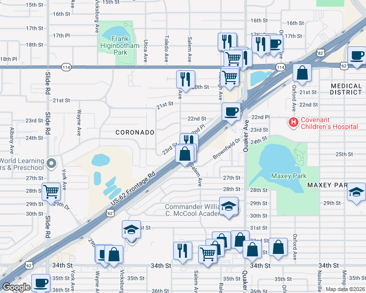 map of restaurants, bars, coffee shops, grocery stores, and more near Marsha Sharp Freeway in Lubbock