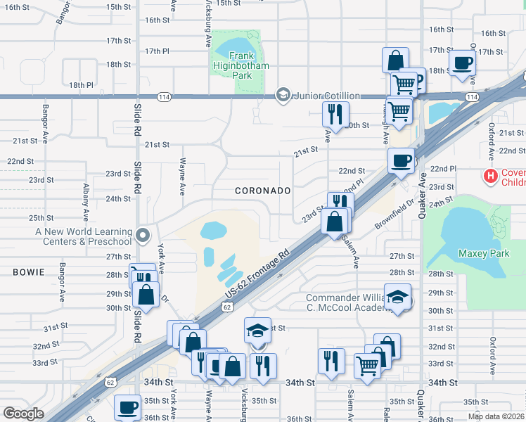 map of restaurants, bars, coffee shops, grocery stores, and more near 2404 Utica Avenue in Lubbock