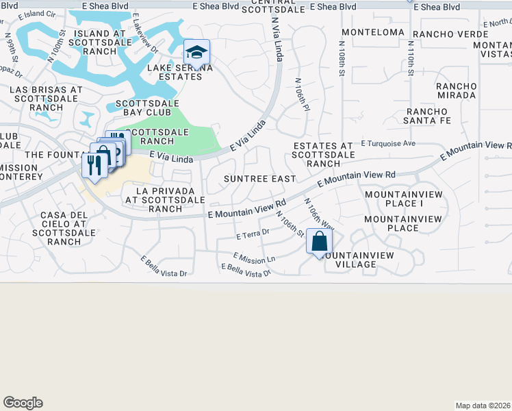 map of restaurants, bars, coffee shops, grocery stores, and more near 9360 North 105th Place in Scottsdale