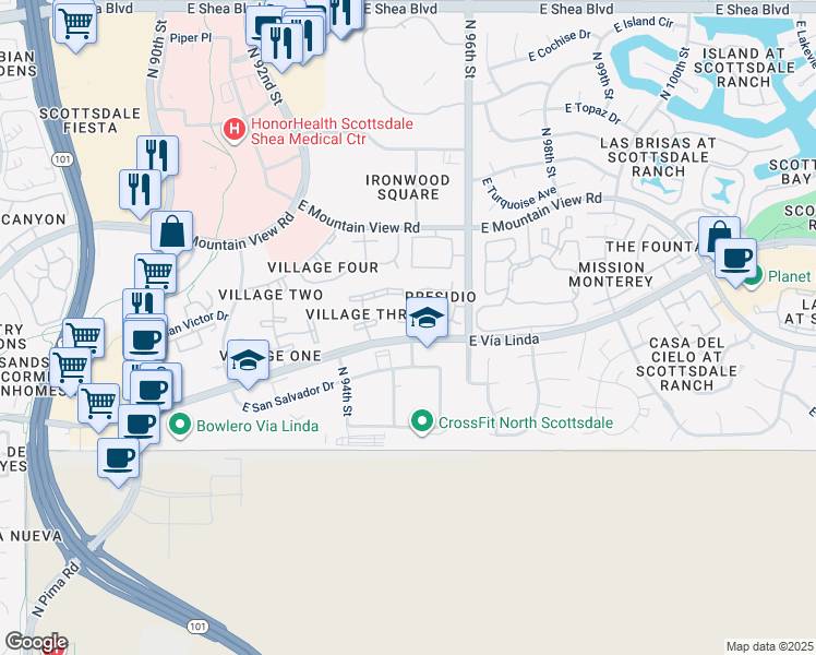 map of restaurants, bars, coffee shops, grocery stores, and more near 9522 East Vía Linda in Scottsdale