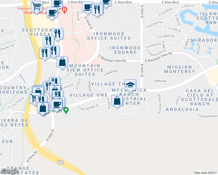 map of restaurants, bars, coffee shops, grocery stores, and more near 9450 North 94th Place in Scottsdale