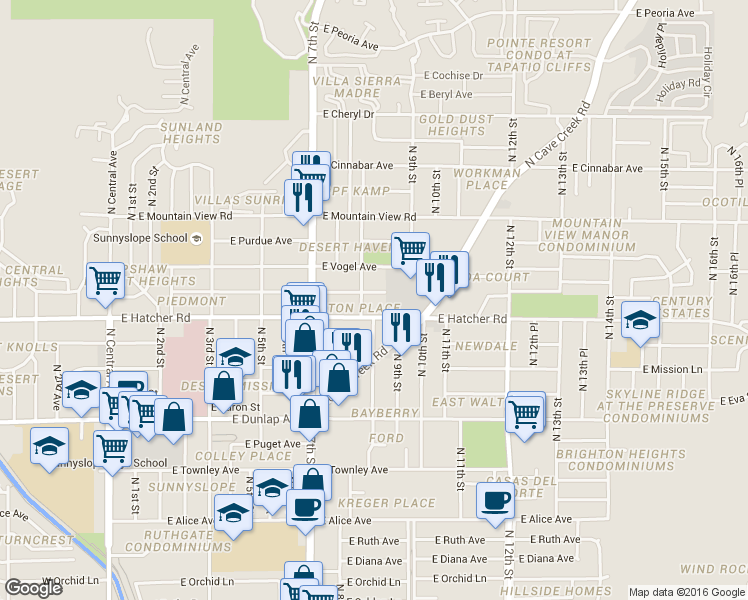 map of restaurants, bars, coffee shops, grocery stores, and more near 9237 North 8th Street in Phoenix