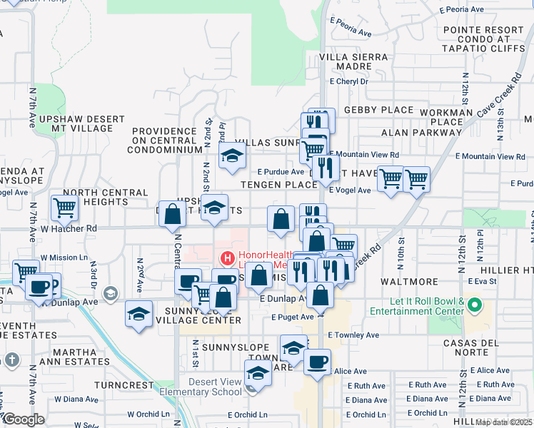 map of restaurants, bars, coffee shops, grocery stores, and more near 334 East Hatcher Road in Phoenix