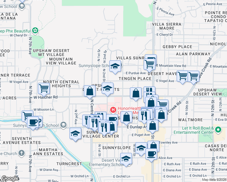 map of restaurants, bars, coffee shops, grocery stores, and more near 204 East Hatcher Road in Phoenix