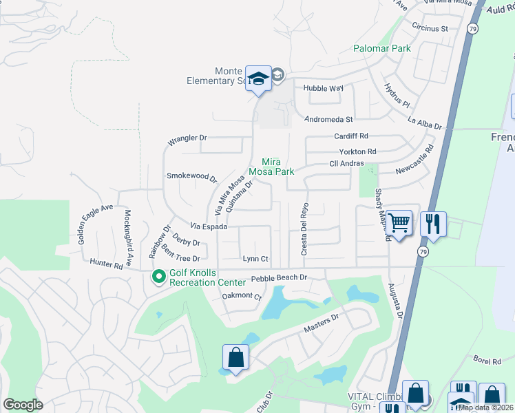 map of restaurants, bars, coffee shops, grocery stores, and more near 29391 Shady Lane in Murrieta
