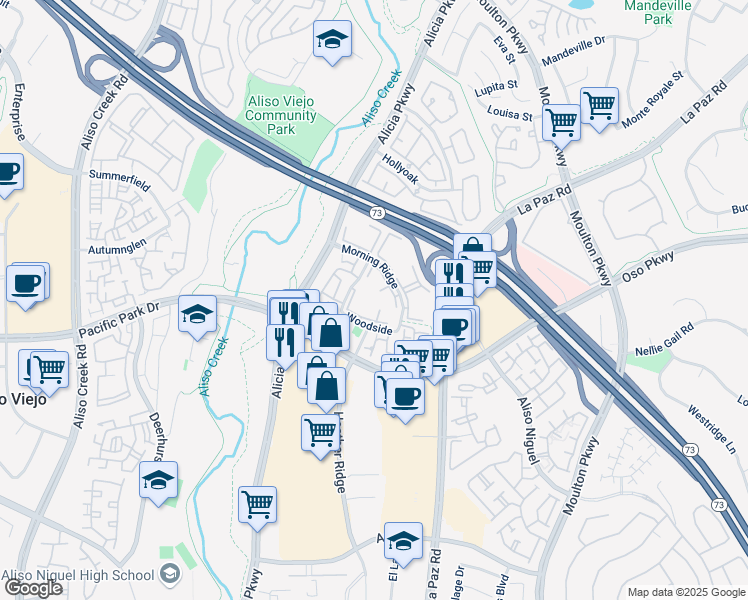 map of restaurants, bars, coffee shops, grocery stores, and more near 97 Dogwood Lane in Aliso Viejo
