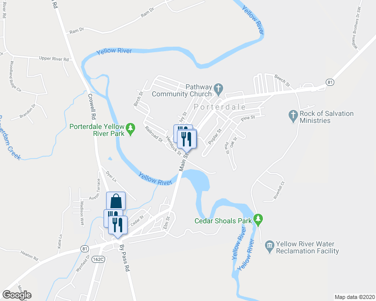 map of restaurants, bars, coffee shops, grocery stores, and more near 2100 Main Street in Porterdale