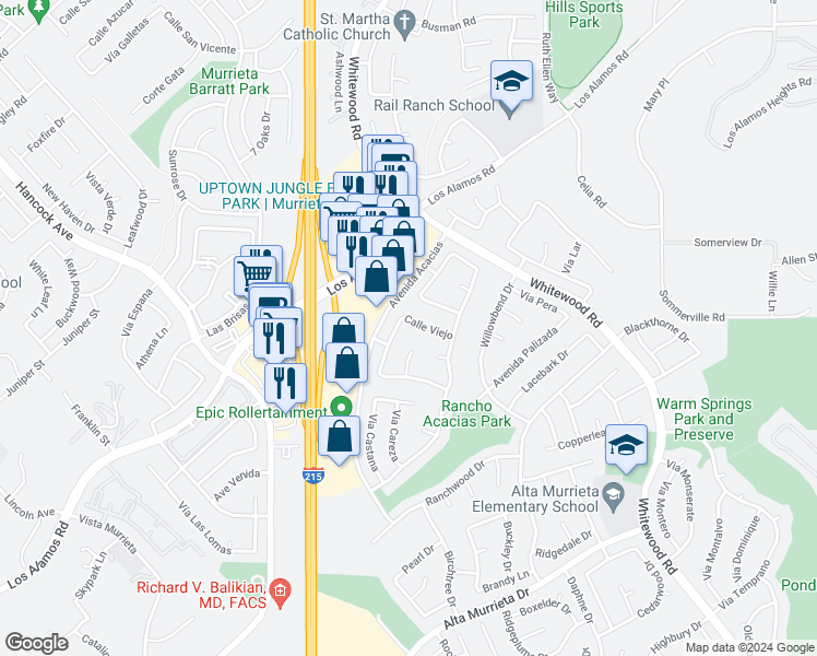 map of restaurants, bars, coffee shops, grocery stores, and more near 25069 Calle Viejo in Murrieta