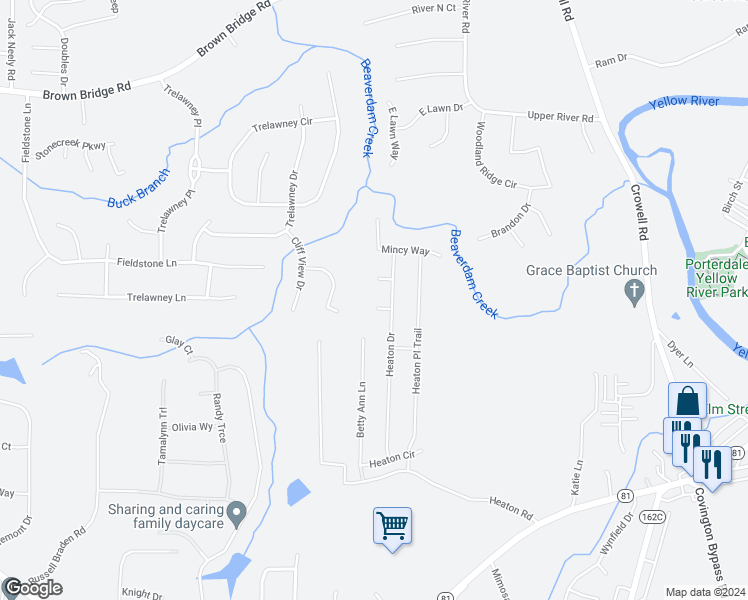 map of restaurants, bars, coffee shops, grocery stores, and more near 40 Zelina Court in Covington