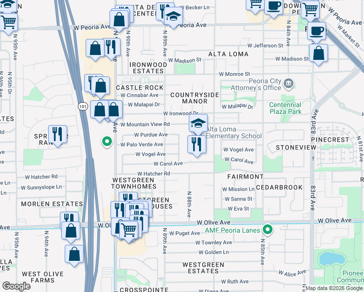 map of restaurants, bars, coffee shops, grocery stores, and more near 8828 West Vogel Avenue in Peoria