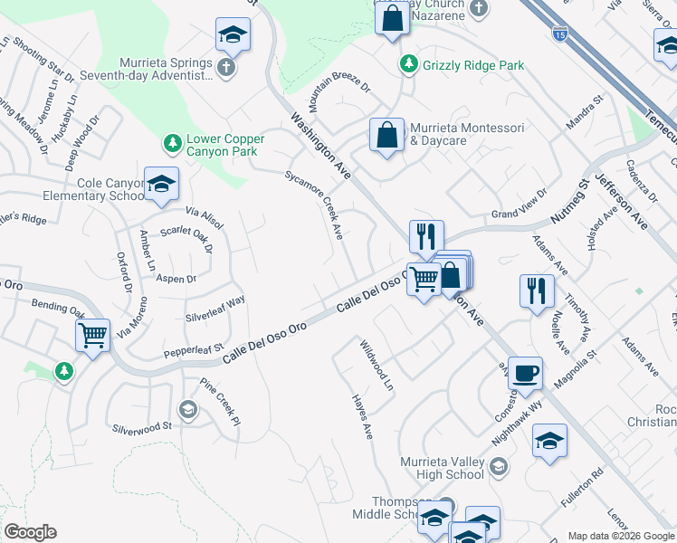 map of restaurants, bars, coffee shops, grocery stores, and more near 23638 William Place in Murrieta