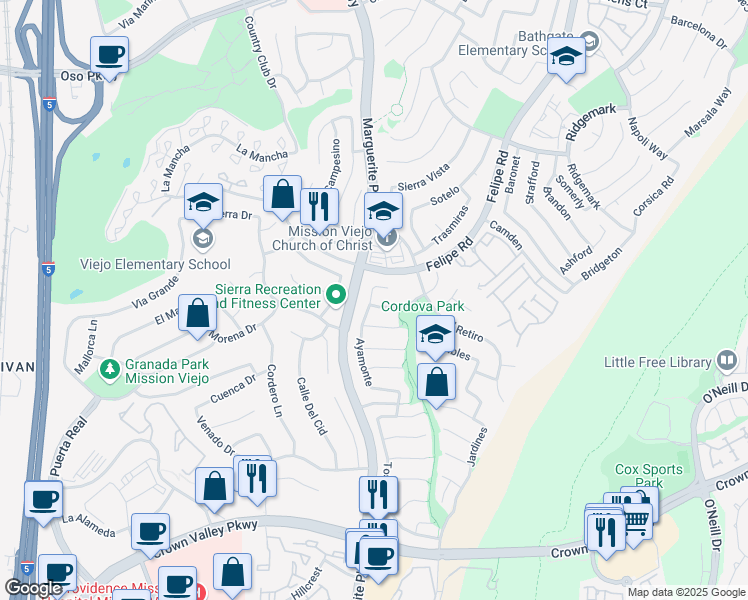 map of restaurants, bars, coffee shops, grocery stores, and more near 27071 Nogal in Mission Viejo