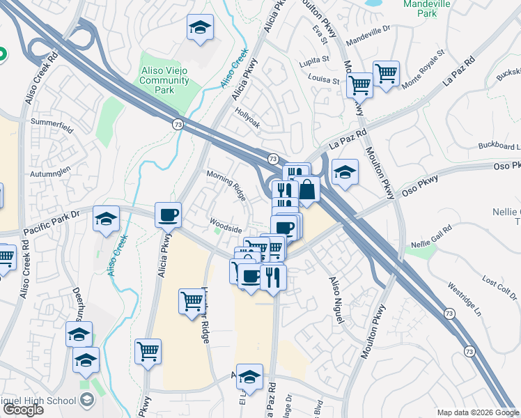 map of restaurants, bars, coffee shops, grocery stores, and more near 132 Birchwood Lane in Laguna Hills