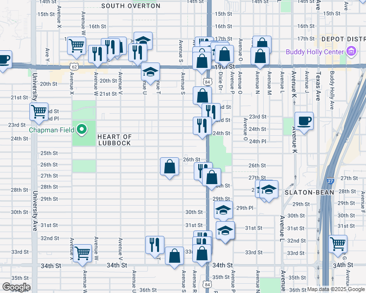 map of restaurants, bars, coffee shops, grocery stores, and more near 1898 25th Street in Lubbock