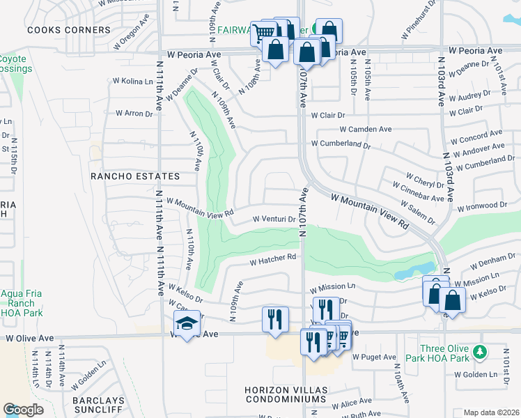 map of restaurants, bars, coffee shops, grocery stores, and more near 10826 West Venturi Drive in Sun City