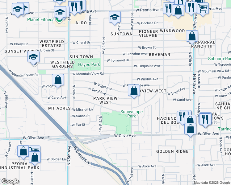 map of restaurants, bars, coffee shops, grocery stores, and more near 7202 West Carol Avenue in Peoria