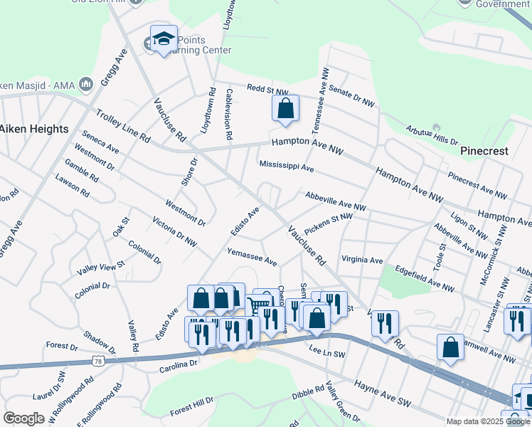 map of restaurants, bars, coffee shops, grocery stores, and more near 3209 Vaucluse Road in Aiken