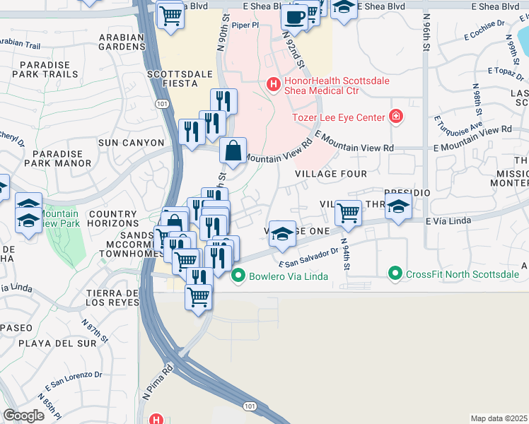map of restaurants, bars, coffee shops, grocery stores, and more near 9355 North 91st Street in Scottsdale